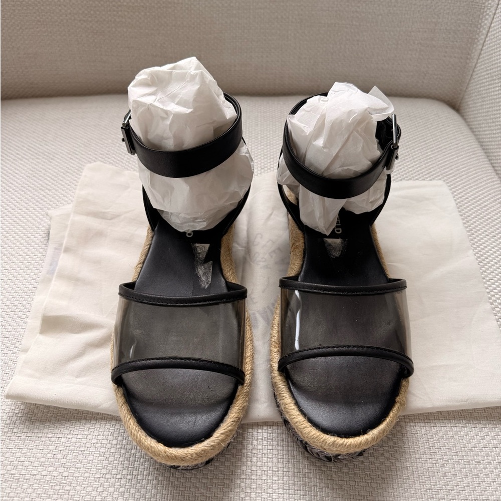 Karl Lagerfeld Black Espadrille Sandals with Clear Front Straps and Ankle Buckle